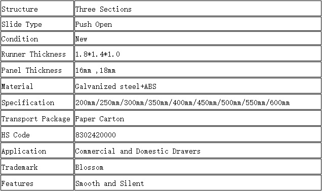 Blossom 11003 NP Push-to-Open Undermount Drawer Slides Specifications, Full Extension Concealed Cabinet Rails Technical Data